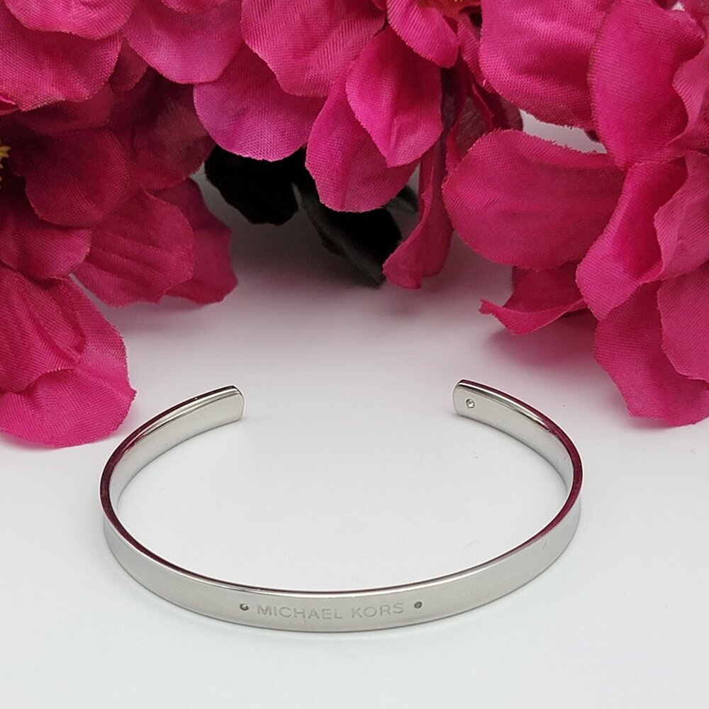 Michael Kors Silver Tone Logo Open Cuff Bracelet Tiny Diamond Accent 6.5"